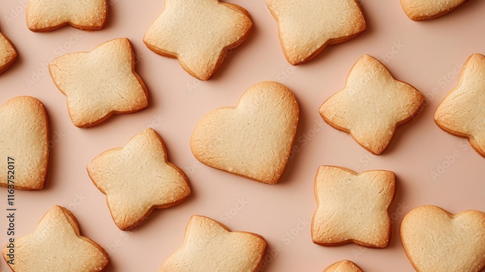 Poster minimal cookies idea. delicious assorted cookies shaped in various forms on a soft pink background.