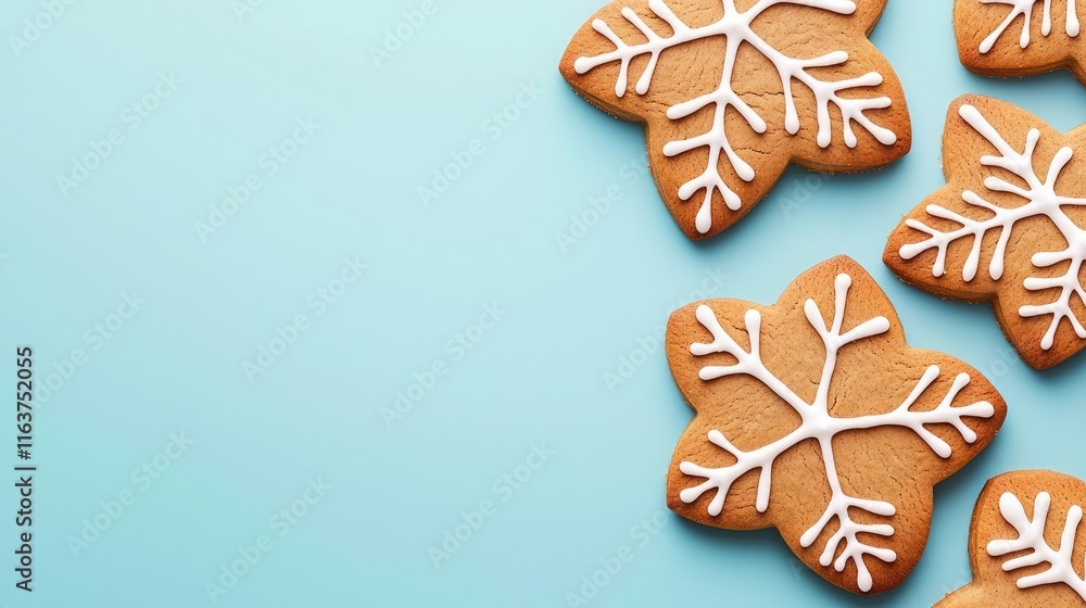 Poster minimal cookies idea. delicious snowflake-shaped cookies on a light blue background for festive occa
