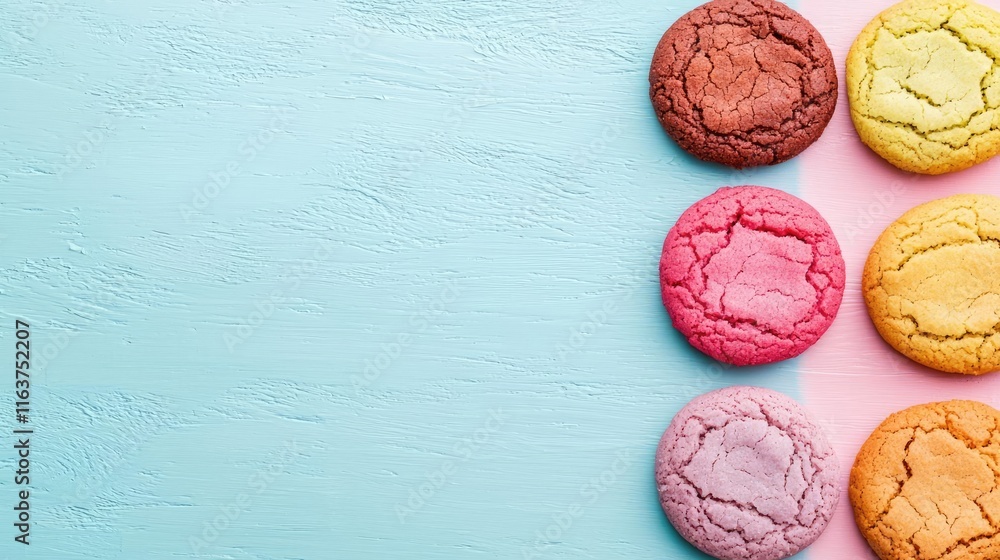 Aufkleber minimal cookies concept. colorful cookies arranged on a pastel background with space for text.