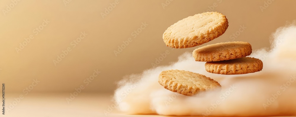 Poster minimal cookies concept. delicious cookies floating in the air, creating a whimsical and appetizing 