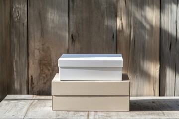 Minimalist boxes positioned on rustic wooden surface, soft light