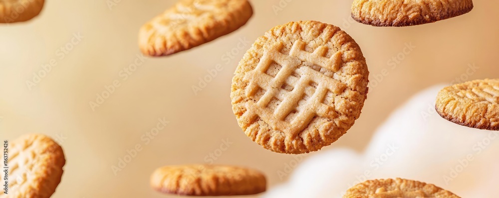 Poster minimal cookies concept. freshly baked cookies floating in the air, creating a delightful and whimsi