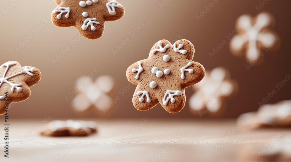 Poster minimal cookies idea. floating gingerbread cookies with decorative icing, creating a festive atmosph