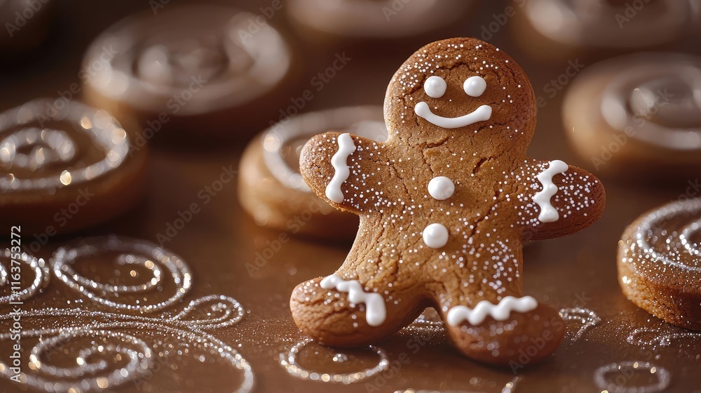 Poster minimal cookies idea. delicious gingerbread cookie in festive setting with decorative swirls and spi