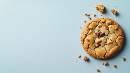 Minimal cookies concept. Delicious chocolate chip cookie crumbled on a blue background.
