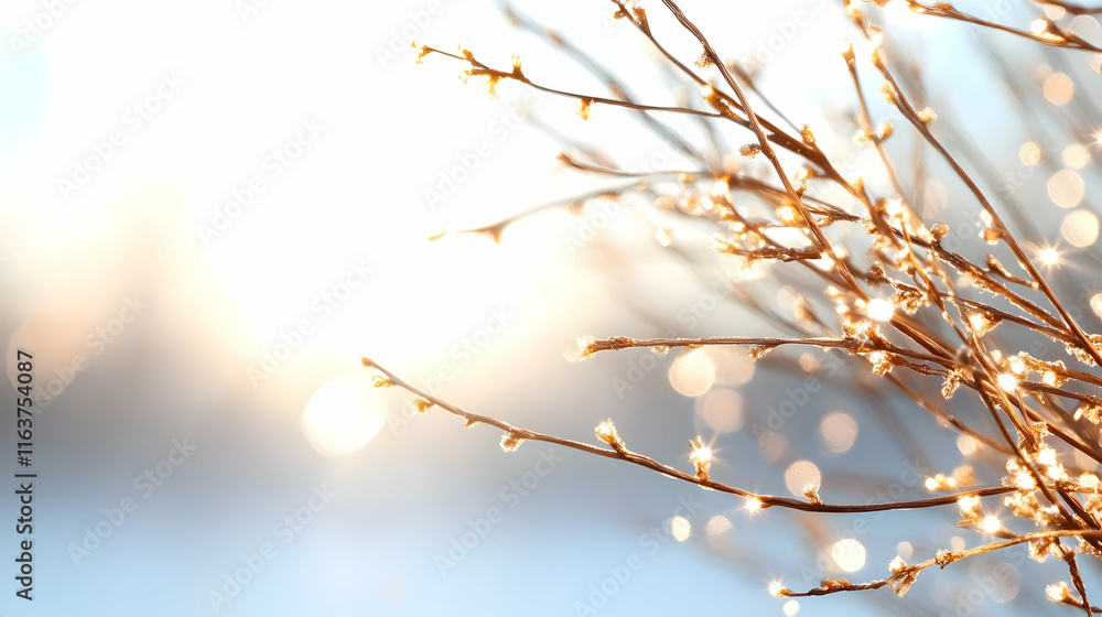Poster sunlit icy branches sparkle against a soft bokeh background.