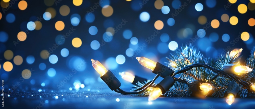 Poster Festive string lights on a pine branch with bokeh background.