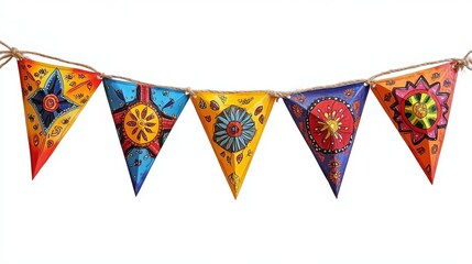 Obraz premium Triangle flag garland for birthday party banner. Fair string pennant bunting decoration to celebrate summer carnaval. Isolated 3d hanging triangular holiday paper border line. Welcome festival element