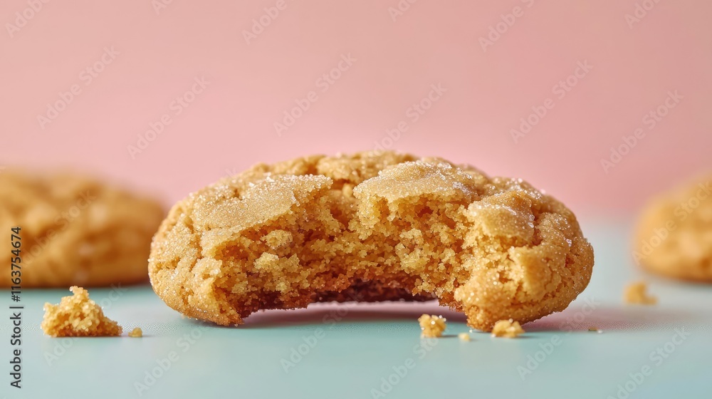 Poster minimal cookies idea. delicious cookie with a bite taken out of it, showcasing its soft and crumbly 