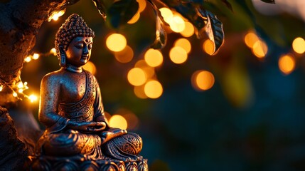 Fototapeta premium Serene Buddha Statue Seated Under Beautiful Bokeh Lights and Natural Elements