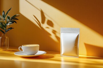 Warm sunlight casts soft shadows over minimalist coffee scene, e