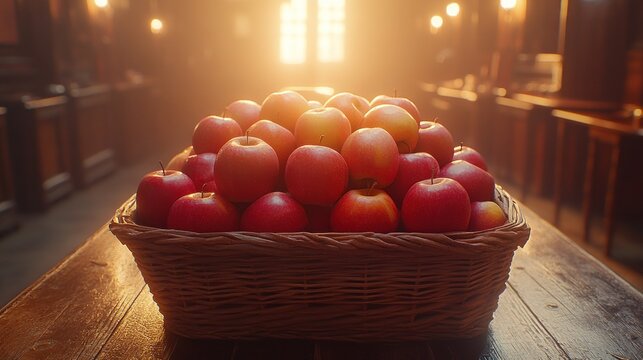 A wicker basket overflowing with ripe red apples sits on a wooden table in a dimly lit room, sunlight streaming from a window behind.