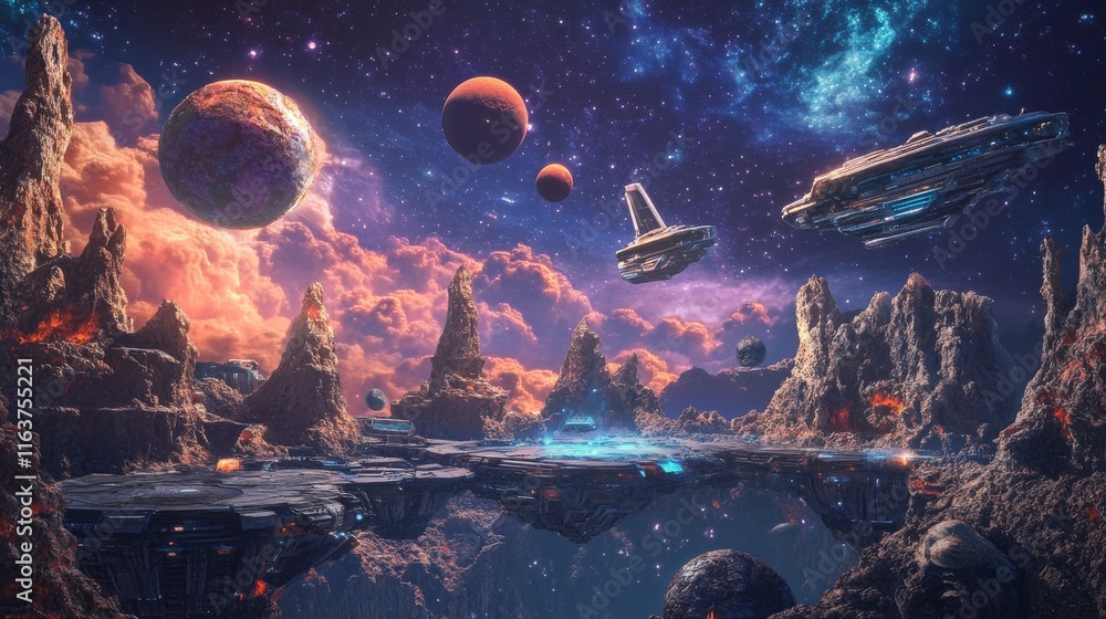 Poster space game level background with platforms. vector cartoon illustration of universe with alien plane