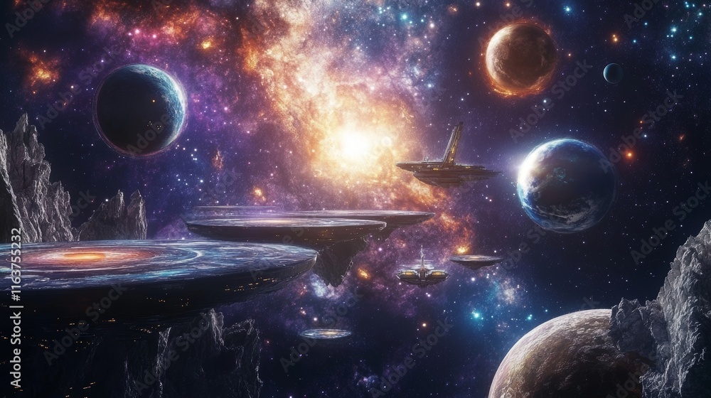 Poster space game level background with platforms. vector cartoon illustration of universe with alien plane