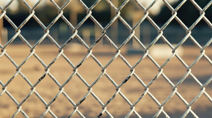 Fototapeta premium Close Up View of Interwoven Chain Link Fence Highlighting Texture and Structure Against a Blurred Background of Nature