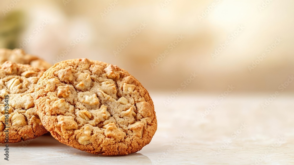 Poster minimal cookies idea. delicious oatmeal cookies on a smooth surface with a soft background.
