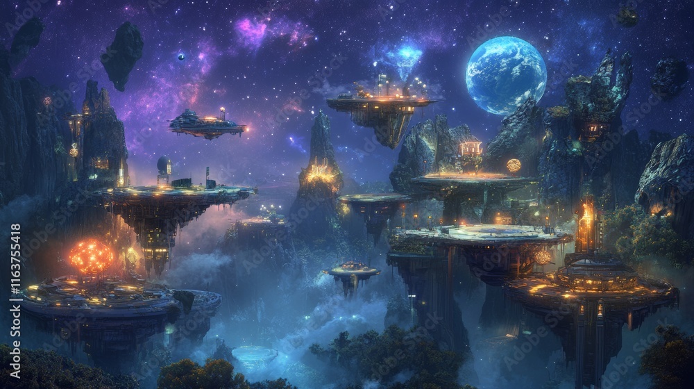 Poster space game level background with platforms. vector cartoon illustration of universe with alien plane