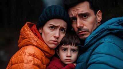 Close-knit family of three wearing colorful jackets, huddled together in the rain, expressing resilience and unity