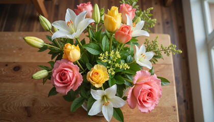 Vibrant floral arrangement with roses and lilies on wooden table, serenity