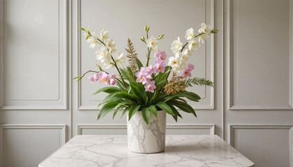 Delicate floral arrangement with orchids and fern leaves, tranquility
