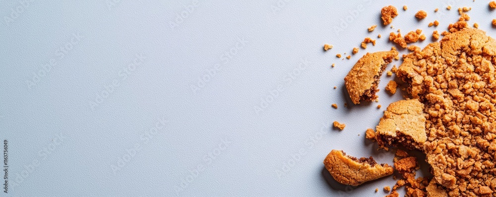 Poster minimal cookies idea. close-up of a broken cookie with crumbs scattered on a light background.