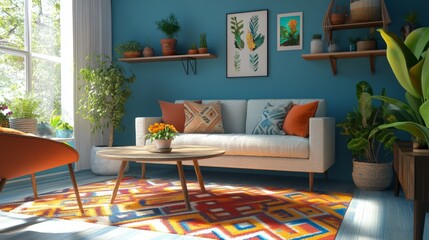 Living room interior in boho style with blue wall, sofa, coffee table and plants on shelves. Vector cartoon illustration of bohemian lounge with carpet and armchair with bright geometric design