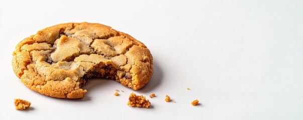 Minimal cookies idea. A delicious chocolate chip cookie with a bite taken out, resting on a clean white surface.