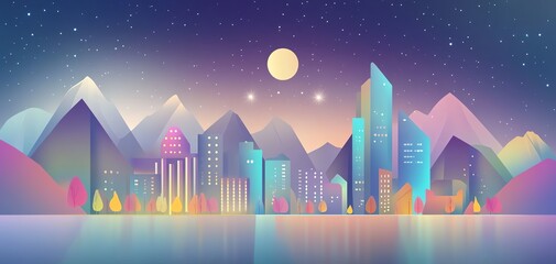 Fototapeta premium Vibrant cityscape at night, nestled between colorful mountains under a full moon. Ideal for backgrounds, websites, and design projects.