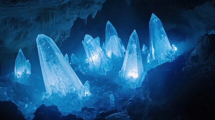 Obraz premium Enchanting Blue Crystal Formation in Dark Cave