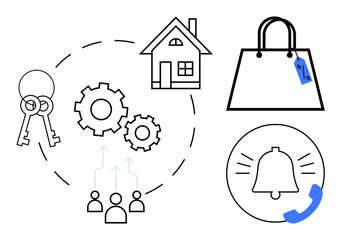 Keys, gears, home, shopping bag, bell icon with phone, and user interaction icons connected by dotted lines. Ideal for technology, automation, e-commerce notifications user management home safety