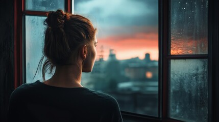 A woman looks out the window at a cityscape with a sunset in the background.