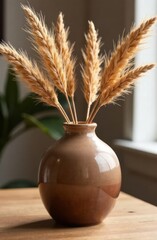 Naklejka premium interior design with warm earthy tones, cozy home decor in color of the year 2025. closeup on ceramic vase with mocha mousse color, dried pampas grass on wooden table.