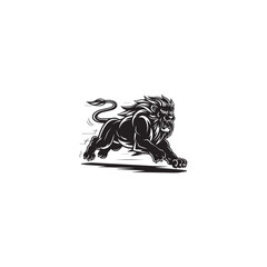 Bold Black and White Vector Illustration of a Fierce Running Lion with Stylized Mane and Minimalist Design
