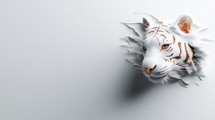 Majestic White Tiger Emerging from a Ripped White Wall: A 3D Render