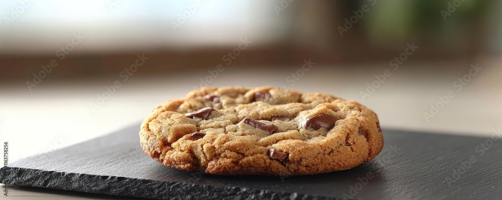 Poster minimal cookies idea. a close-up view of a delicious chocolate chip cookie on a slate surface.
