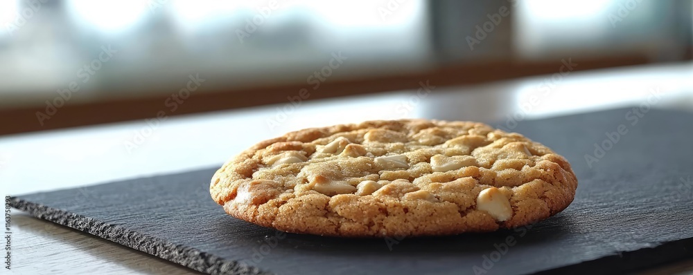 Poster minimal cookies idea. freshly baked cookie on a slate surface, showcasing its golden color and textu