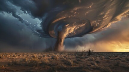 Fototapeta premium A tornado is a powerful, rotating column of air that extends from a thunderstorm to the ground. These intense weather phenomena are characterized by their funnel shape and destructive potential. Torna