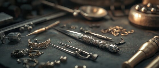Jeweler's workbench with tools and jewelry.