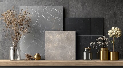A modern mood board with rich gray marble, charcoal stone, pale ash wood swatches, glossy black tiles, and muted gray walls