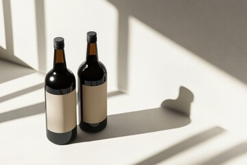 Two wine bottles cast elegant shadows, highlighting minimalist d
