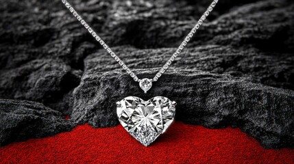 Stunning Heart Diamond Pendant Necklace on Black Rock, Red Background