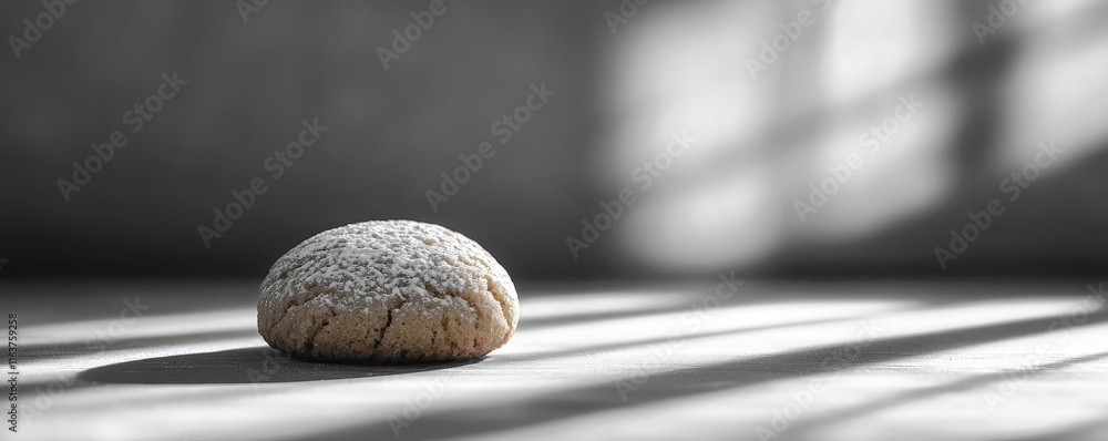 Poster minimal cookies idea. a solitary baked cookie resting on a gray surface under soft light and shadows