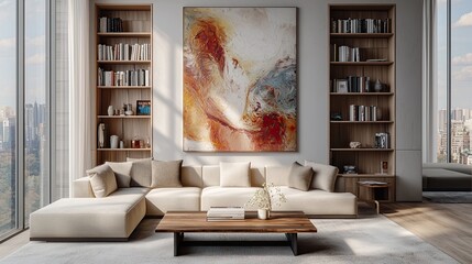 A modern, photorealistic living room with a large abstract painting on the wall and neutral furnishings