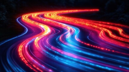 Abstract light trails on a winding road at night.