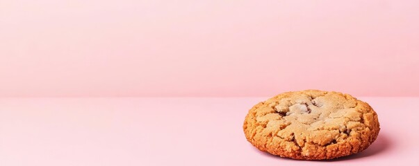 Minimal cookies concept. Delicious chocolate chip cookie on a pastel pink background, perfect for sweet treats.