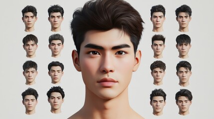 Asian man face construction, avatar creation with head parts isolated onwhite background. Vector cartoon set of male character eyes, noses, hairstyles, brows and lips. Skin pack for face generator