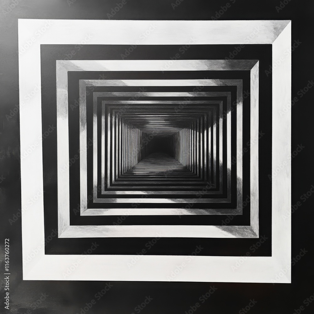 Poster abstract black and white image of a receding square tunnel.