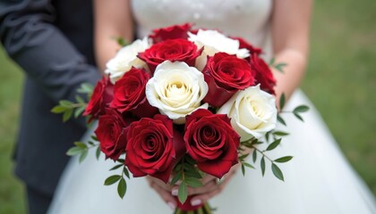 Bride holding red and white roses bouquet, wedding ceremony, romantic celebration