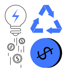 Lightbulb with lightning icon and dollar signs rain alongside recycling symbol and coin with dollar sign. Ideal for concepts on innovation, finance, sustainability, economy, energy, growth