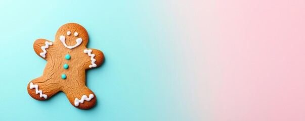 Naklejka premium Minimal cookies idea. Delicious gingerbread cookie with icing on a colorful pastel background.